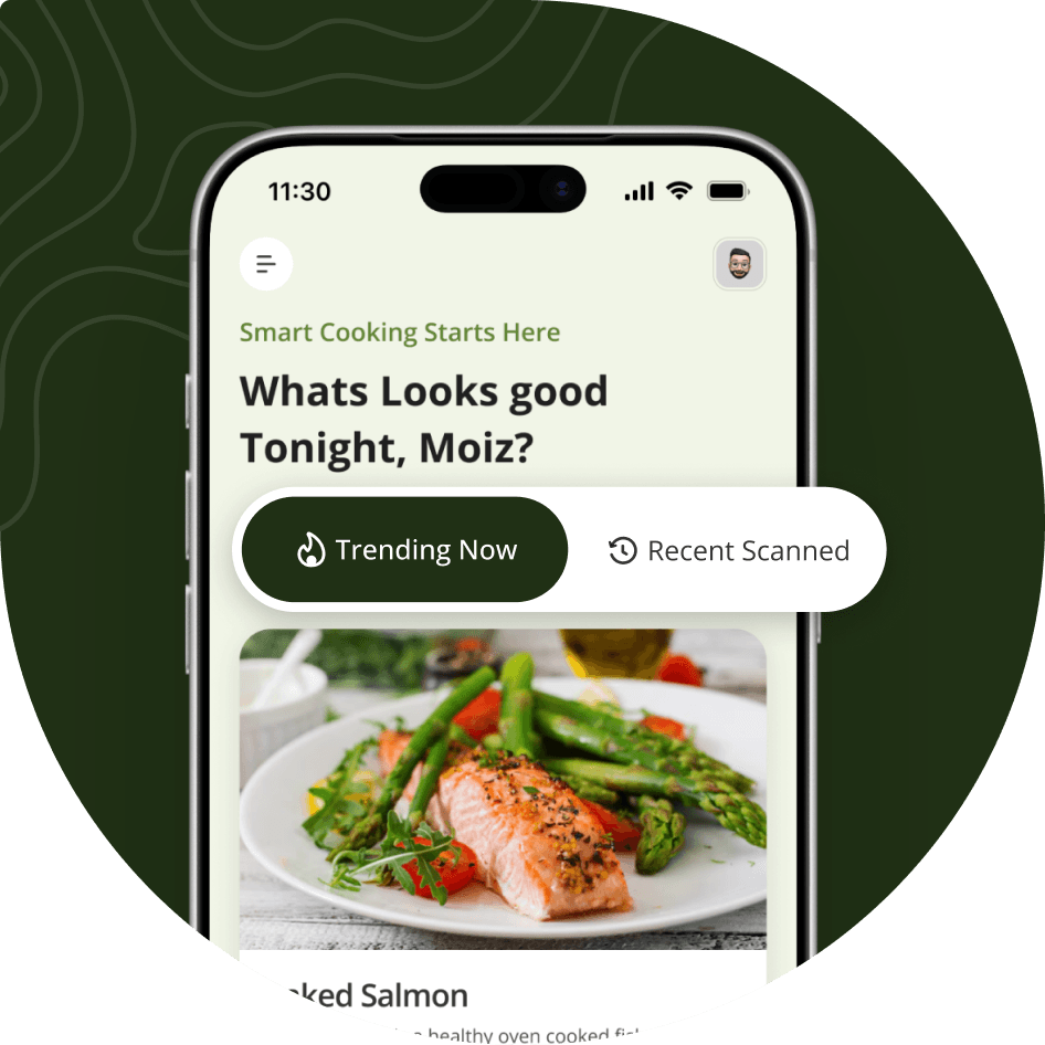 Eaaat app showing trending recipes and baked salmon on a phone