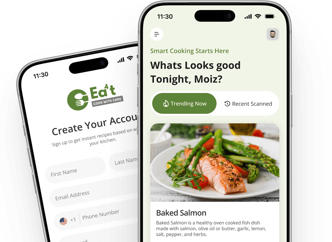 Eaat app on iPhone showing account creation and recipe discovery screens