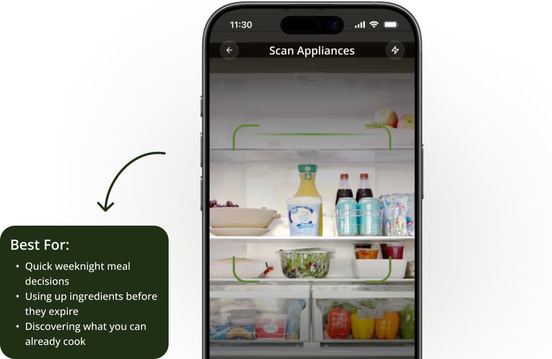 Eaat app scanning a fridge with a Best For callout showing quick meal decisions, using ingredients before they expire, and discovering what you can cook